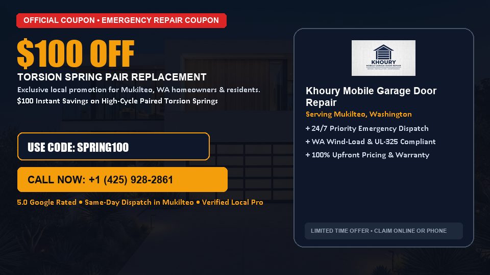 $100 OFF Dual High-Cycle Torsion Spring Replacement in Mukilteo, WA - Khoury Mobile Garage Door Repair