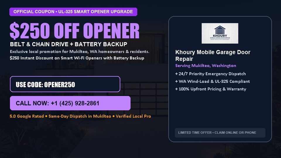 $250 OFF Smart Wi-Fi Garage Door Opener Installation in Mukilteo, WA - Khoury Mobile Garage Door Repair