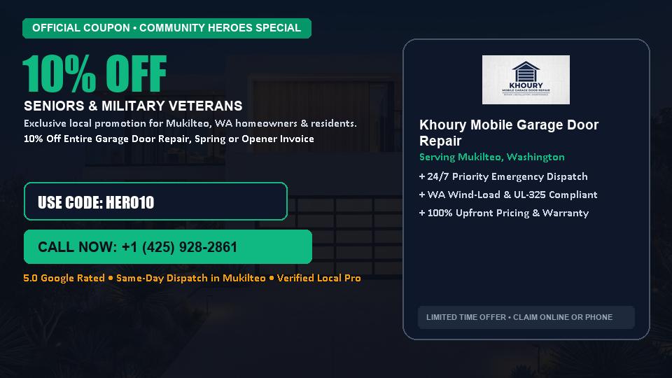 10% OFF Senior, Military & First Responder Discount in Mukilteo, WA - Khoury Mobile Garage Door Repair